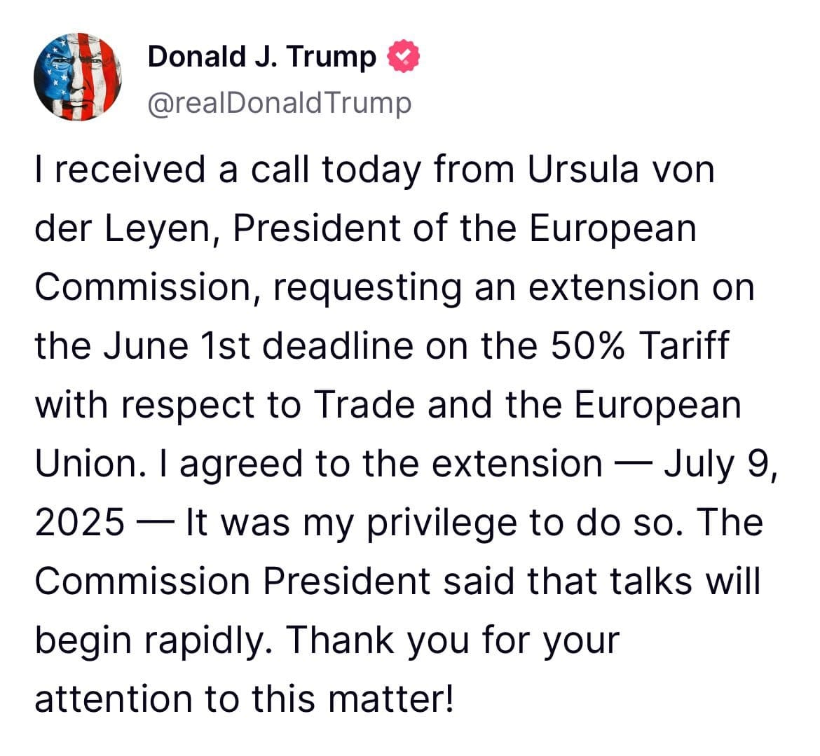 Trump extends EU tariff deadline to July 9