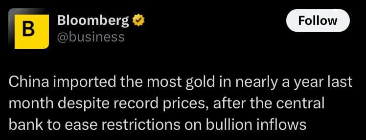 China’s monthly gold imports hit a one-year high after Beijing eased bullion inflows