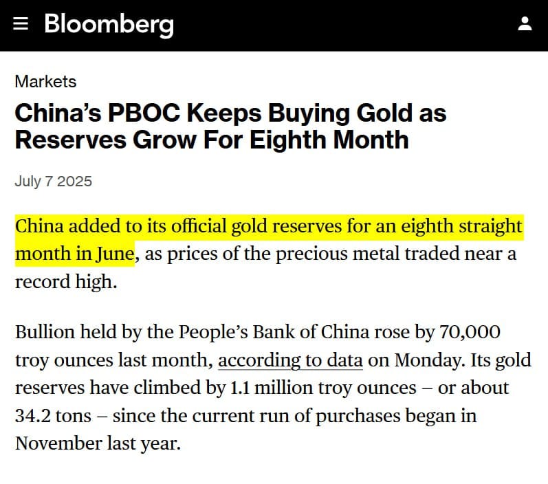 China PBOC gold reserves rise for eighth month
