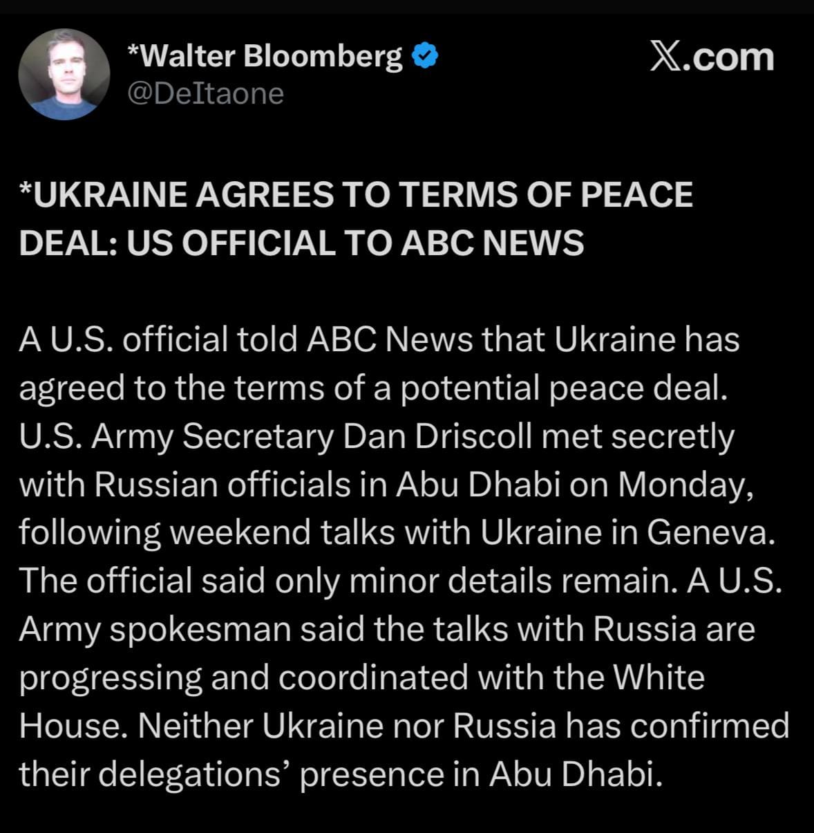 Ukraine agrees to terms – US official to ABC News